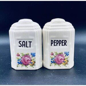 Harker Hot Oven Pottery Salt And Pepper Shaker Pair Cross Stitch Flowers